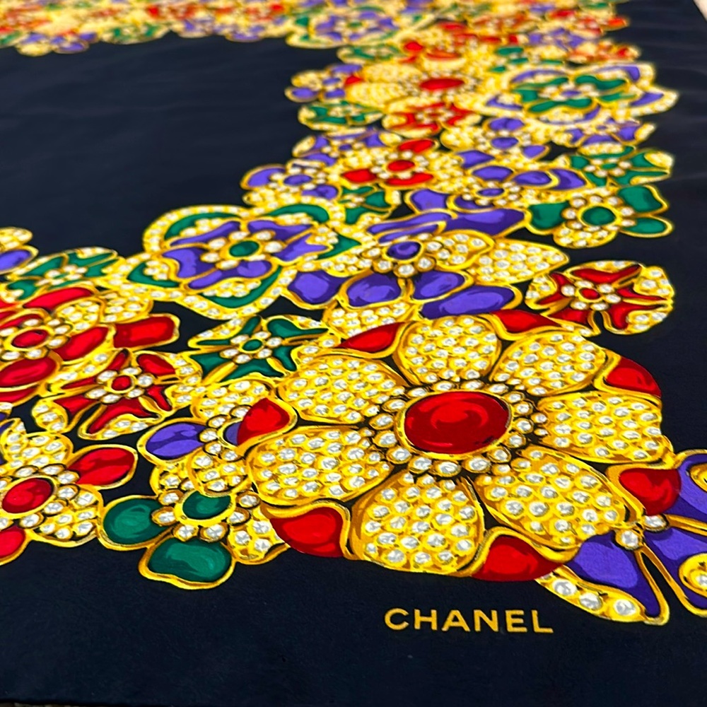 Chanel Black, Red, Purple, & Green Silk Vintage Jewel Flower Scarf!